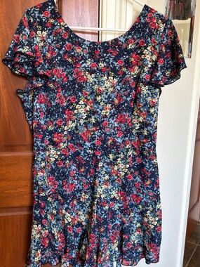 Charlotte Russe Navy Floral Casual Dress with Red & Yellow Flowers
